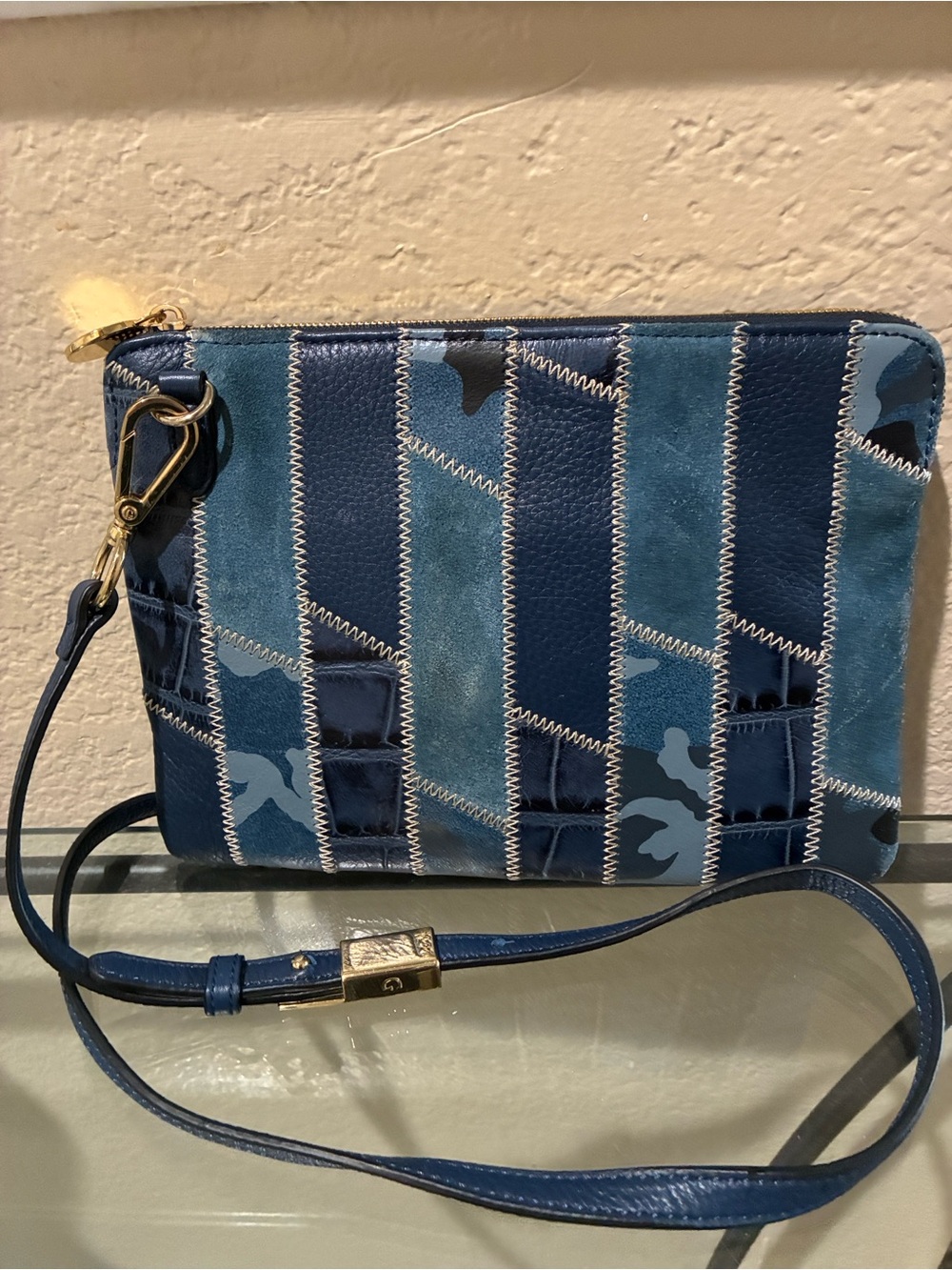 G.I.L.I genuine leather Blue Patchwork Crossbody Bag